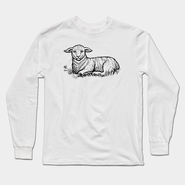 Sheep Sitting on grass hand drawn Long Sleeve T-Shirt by KC Happy Shop